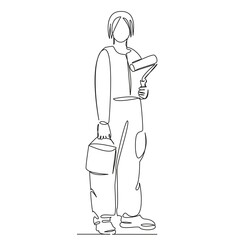 One continuous single drawing line art flat doodle person, indoor, woman, adult, one person, renovation, color image, diy, paint roller. Isolated image hand draw contour on a white background