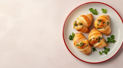 Freshly baked croissants filled with a savory mixture, garnished with parsley, perfect for breakfast or brunch settings.