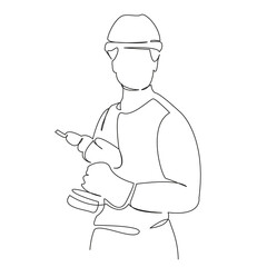 One continuous single drawing line art flat doodle drill, screwdriver, person, man, adult, construction worker, construction industry. Isolated image hand draw contour on a white background
