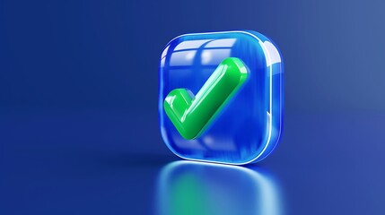 3D green checkmark icon in a blue square on a reflective surface. Symbol for approval, validation, and success with modern, glossy design.