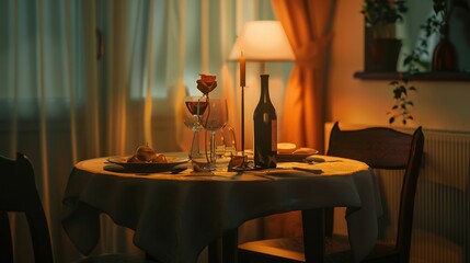 A romantic setting with a round table adorned with a rose, wine glasses, a candle, and soft lamp light, creating an intimate evening atmosphere.