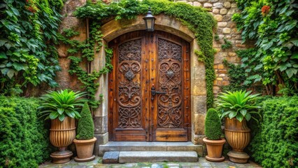Elegant wooden door with intricate carvings and ornate ironwork hardware, adorned with lush greenery and surrounded by stone walls, in a serene rustic setting.