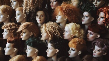 Fototapeta premium A diverse collection of mannequin heads adorned with intricate and varied wigs, showcasing a mix of styles, colors, and textures in an artistic arrangement.
