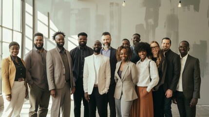 Fototapeta premium A warmly lit group photo of a diverse, professional team standing together, exuding camaraderie and confidence in a modern, artistic indoor setting.