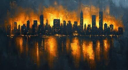 Obraz premium Abstract painting of the city skyline, in gold and black, with brushstrokes, minimalistic in style. 