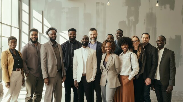 A warmly lit group photo of a diverse, professional team standing together, exuding camaraderie and confidence in a modern, artistic indoor setting.