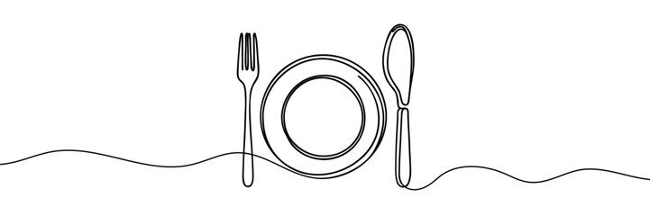 One continuous line plate, khife and fork. Vector illustration.