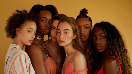 Obraz premium A diverse group of women pose together, exuding strength and elegance against a soft blue background.