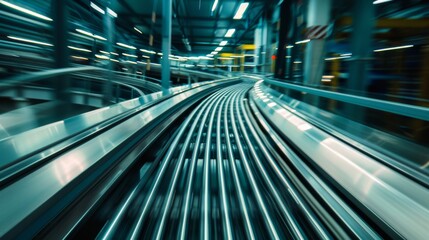 Obraz premium A futuristic, slightly blurred view of a conveyor system in motion, highlighting the sleek design and brisk efficiency of modern industrial processes.