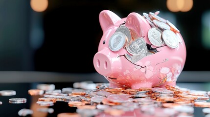 Savings Collapse, shattered piggy bank spilling coins across a surface, symbolizing financial struggle and loss, evoking feelings of economic distress and uncertainty.