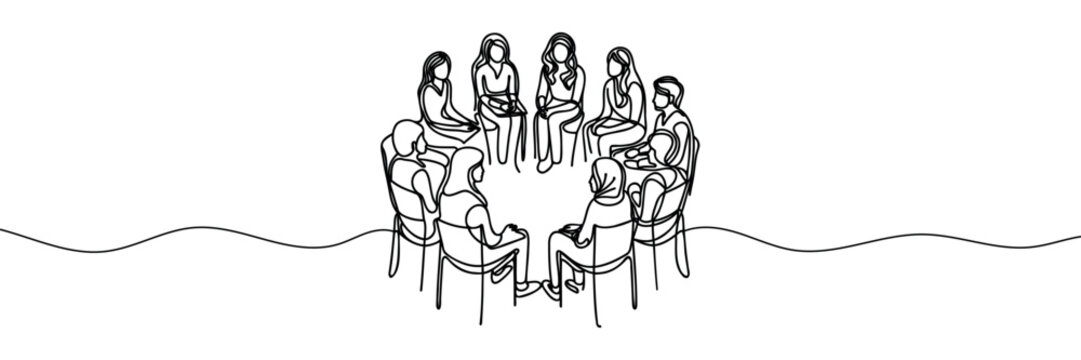 group of people sitting in a circle for a discussion or meeting drawn by one line. Vector illustration.