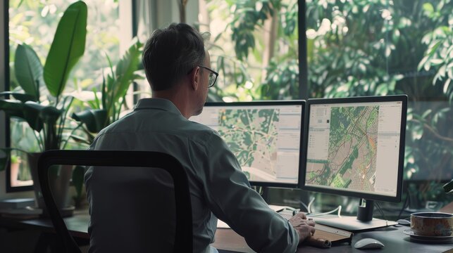 An individual intensely working on dual monitors, focused on geographic data in a lush green office setting.