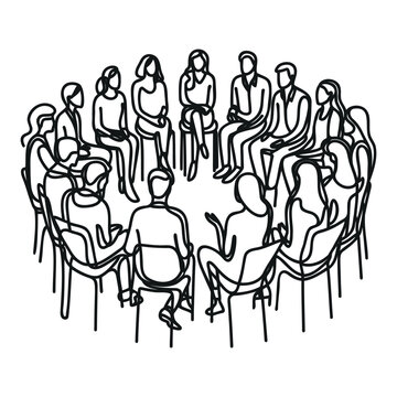 recommend clip art: group of people sitting in a circle for a discussion or meeting drawn by one line. Vector illustration.