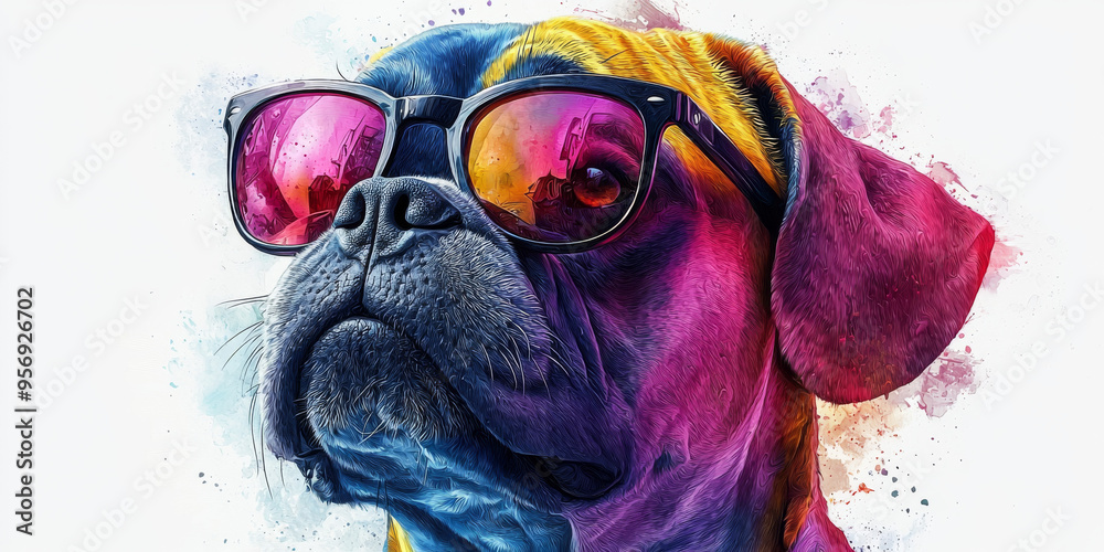 Sticker A cool dog with pink sunglasses and a watercolor background.