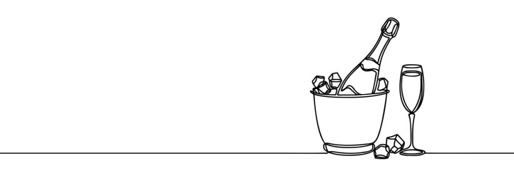 continuous line Champagne bottle Wine Bucket Alcoholic drink and glass. one line drawing on white background