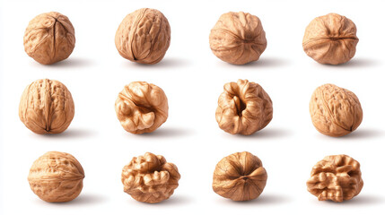 Set of delicious walnuts, featuring whole walnuts and halved shells revealing the nut inside, isolated on a white background.