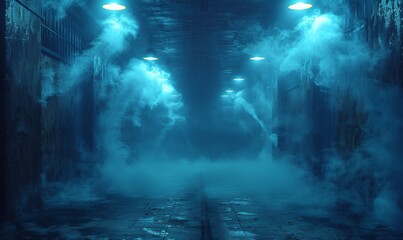 Creepy prison corridor with smoke. Tunnel with blue fog and illuminated old iron doors for ominous futuristic design