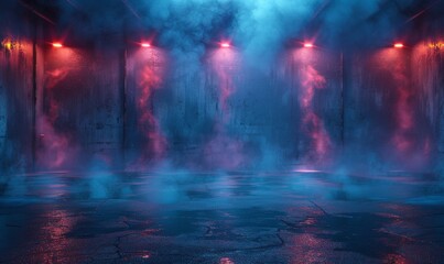Naklejka premium Wall with red lighting and blue smoke background. Concrete room with dark neon lighting and pillars of fog for futuristic cyber design