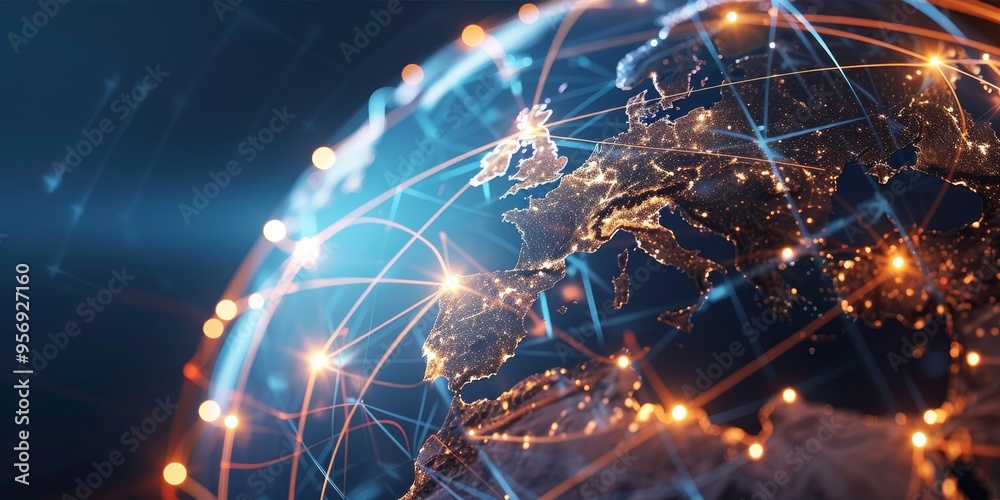Aufkleber Abstract digital globe with glowing lines connecting continents, symbolizing global communication and unity