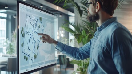 A professionally-dressed man engages with a digital touchscreen in a bright modern office, examining detailed architectural plans surrounded by greenery.