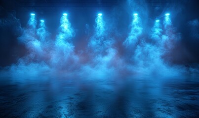 Wall with blue lighting and smoke background. Concrete blank room with dark neon lighting and pillars of fog for futuristic cyber design