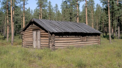 An old log cabin stands amid tall pine trees, surrounded by lush greenery, with a bright blue sky overhead, capturing the essence of a perfect summer day in nature