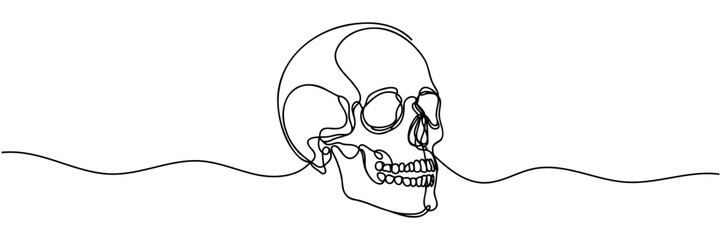 Human scull. One line continuous Halloween skull isolated on white background. Line art outline vector illustration