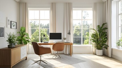 Bright and Minimalist Home Office with Large Windows and Modern Furniture