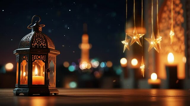 lantern candle with mosque blur background. seamless looping 4k video background animation
