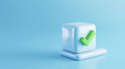 3D illustration of a blue cube with a green check mark on a blue background, symbolizing approval, confirmation, or successful completion.