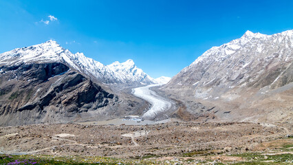 Drang Drung Glacier is a mountain glacier that is visible from the Pensi La mountain pass on the Kargil Zanskar Road.