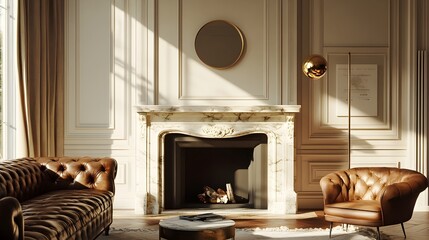 Captivating Vintage Living Room with Elegant Marble Fireplace Plush Tufted Leather Sofa and Sophisticated Brass Floor Lamp Creating a Cozy and Inviting Atmosphere
