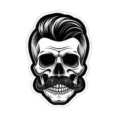 Fototapeta premium PNG. A strikingly detailed pop art sticker of a DJ skull adorned with a handlebar mustache and a stylish posh undercut haircut against a solid black background. Intricate Pop Art Sticker of DJ Skull