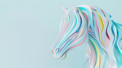 Fototapeta premium An abstract, vibrant depiction of a horse's head using a flowing, rainbow-colored ribbon design against a soft light background, exuding creativity and imagination.