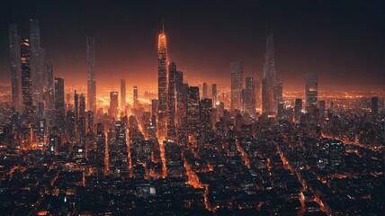 Naklejka premium Digital illustration city skyline night background dark lit 3D f