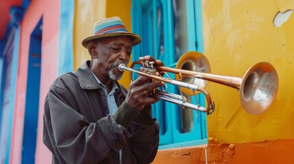 Fototapeta premium A man plays a trumpet against a vibrantly painted building, creating a lively and artistic street scene.