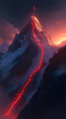 A glowing red path leading to the top of an alpine mountain peak, with a flag fluttering on its highest point