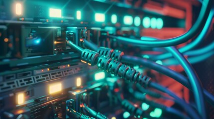 Vivid, neon-lit server racks filled with cables and blinking indicators, representing the heart of modern data centers and technological connectivity.