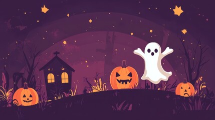 Fototapeta premium Playful Halloween Cross with a Cute Ghost and Festive Elements on a Cheerful Design Background