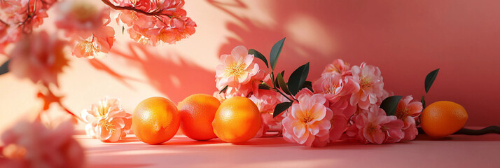 Oriental red and orange background with flowers and oranges composition on the table product scene photography