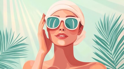 Fototapeta premium Elegant woman in sunglasses with tropical background, enjoying the sun's rays. Perfect summer vibes.