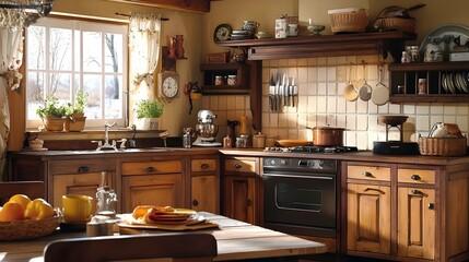 Cozy Farmhouse Kitchen with Wooden Cabinets and Vintage Charm