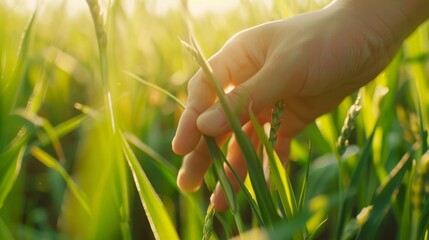 Fingers graze the slender blades of green wheat in a field lit by the golden glow of the setting sun.