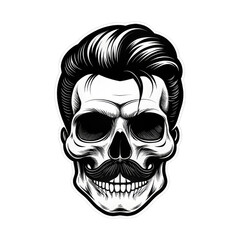 Fototapeta premium PNG. A strikingly detailed pop art sticker of a DJ skull adorned with a handlebar mustache and a stylish posh undercut haircut against a solid black background. Intricate Pop Art Sticker of DJ Skull
