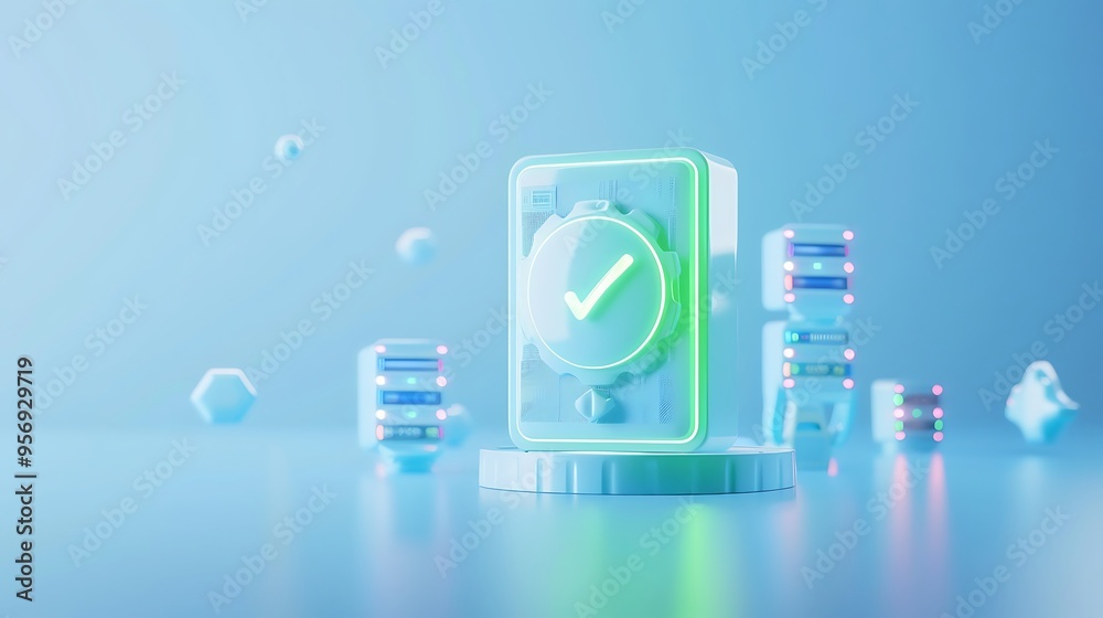 Poster 3d illustration of a secure data vault with a checkmark, representing data protection and security, 