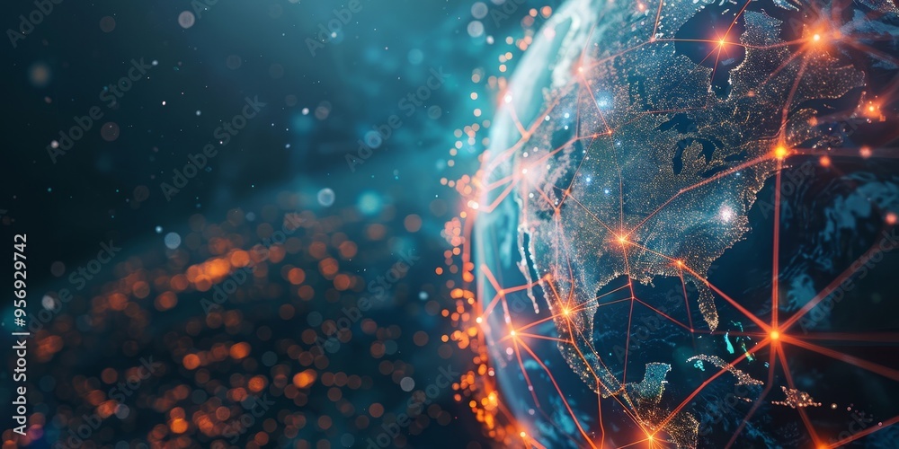 Poster Abstract digital globe with glowing lines connecting continents, symbolizing global communication and unity