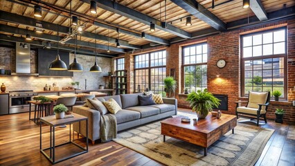 Naklejka premium Exposed brick walls, sleek metal beams, and reclaimed wood accents blend rustic charm with modern functionality in this converted industrial space turned cozy home.
