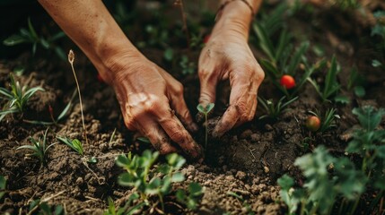 Hands presenting a basket filled with vibrant red berries in a green garden, epitomizing the rewards of a fruitful and laborious harvest.