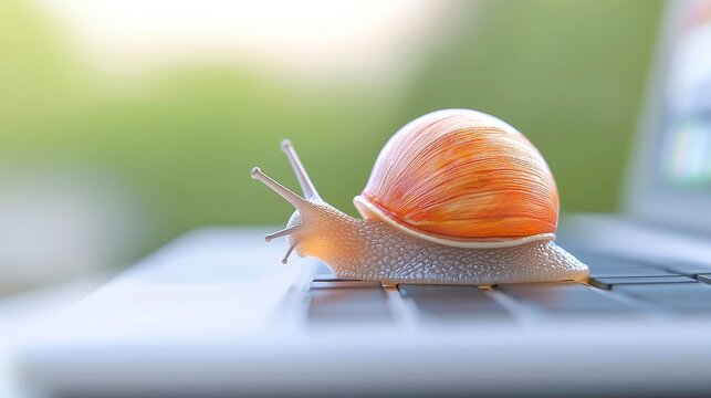 Giant Snail at Work, A whimsical scene depicting a giant snail diligently typing on a computer, showcasing the humor in the slow pace of online tasks in a spacious environment