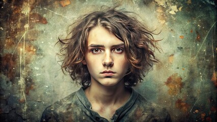 Fototapeta premium Faded, distressed portrait of a young adult with messy hair and dirty face, surrounded by a worn, vintage-style vignette with subtle grunge texture overlay.